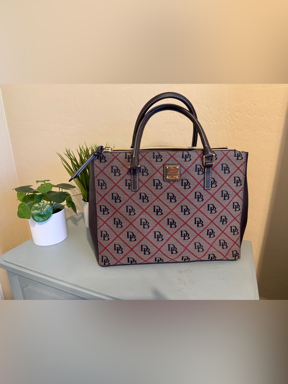 Dooney & Bourke Willa Brown Tote with Red and Brown Monogram